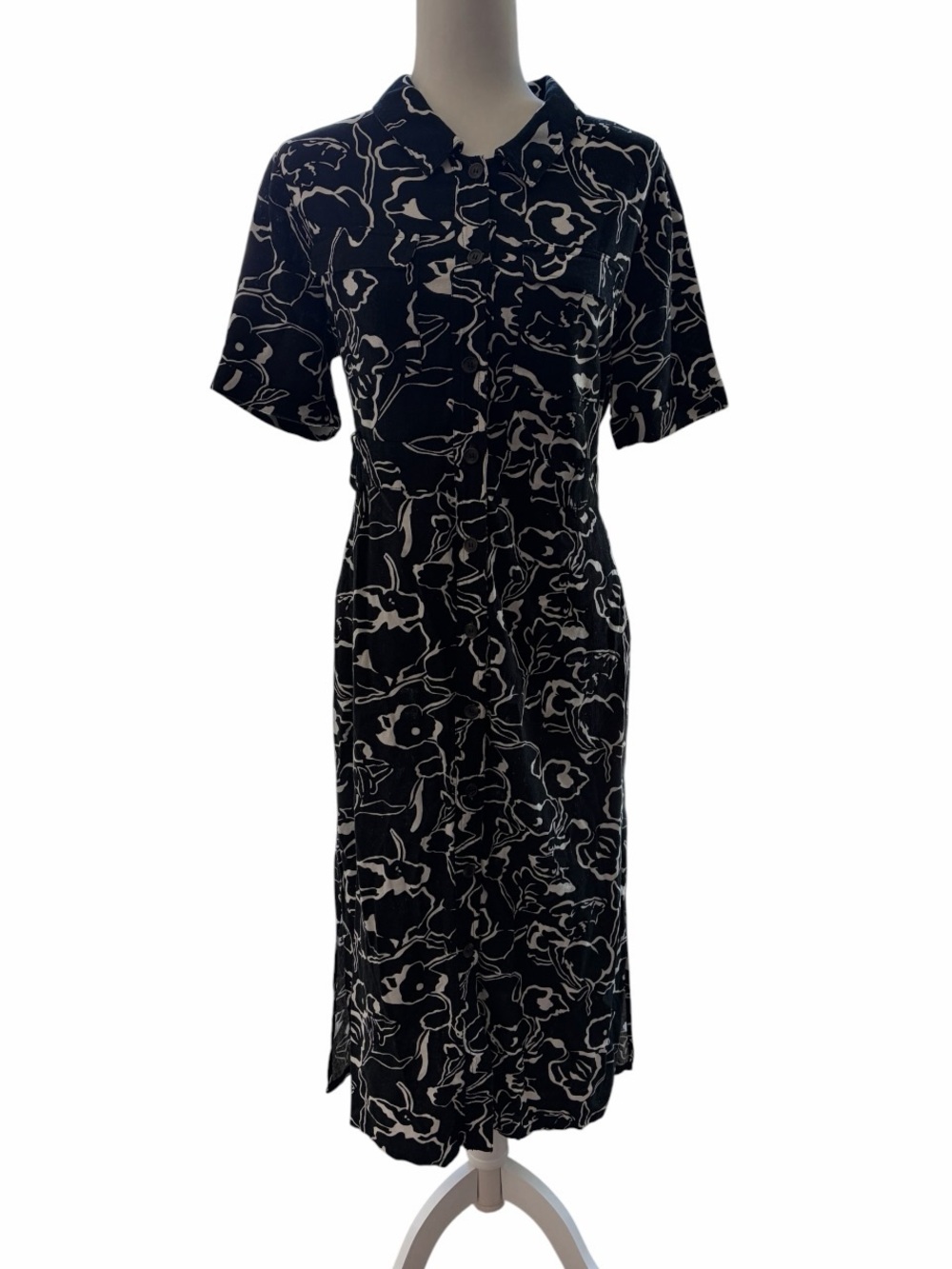 MELLODAY Black & White Floral Abstract Print Midi Shirt Rayon-Linen Blend Dress - Picture 3 of 11